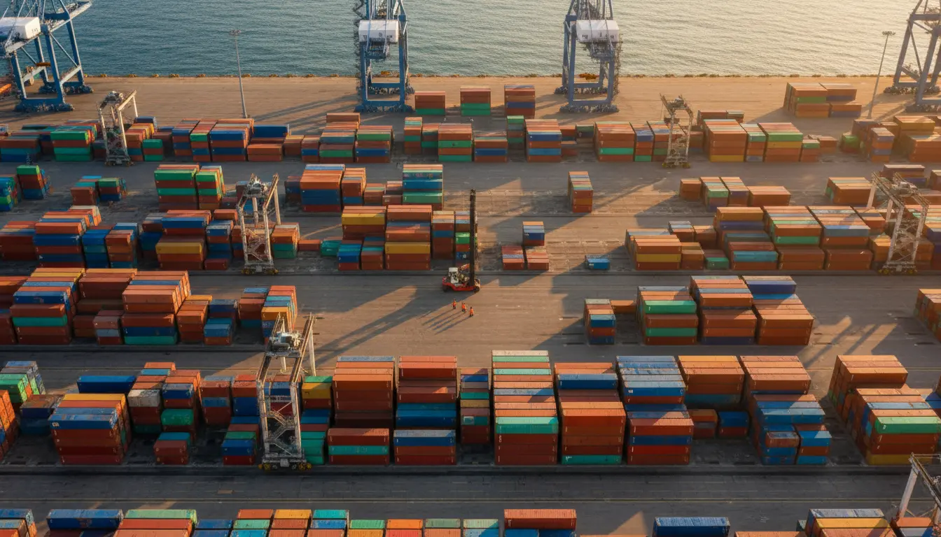 Large cargo container ship at a busy port with cranes loading containers against a bright blue sky