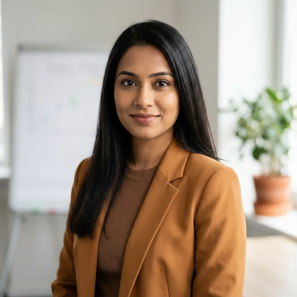 Aisha Rahman in business attire at a Dubai logistics office