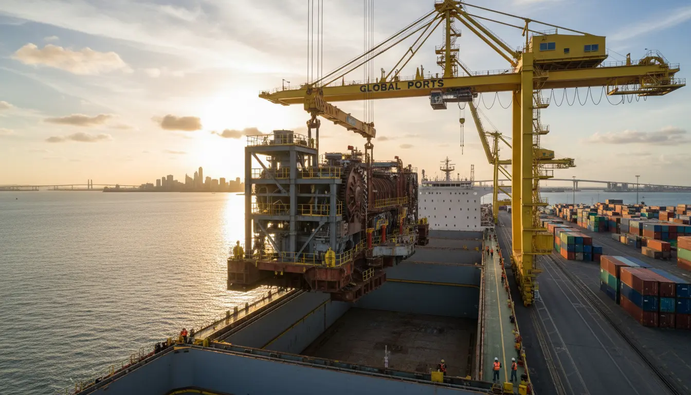 Large industrial machinery being loaded onto a ship using a heavy crane at port