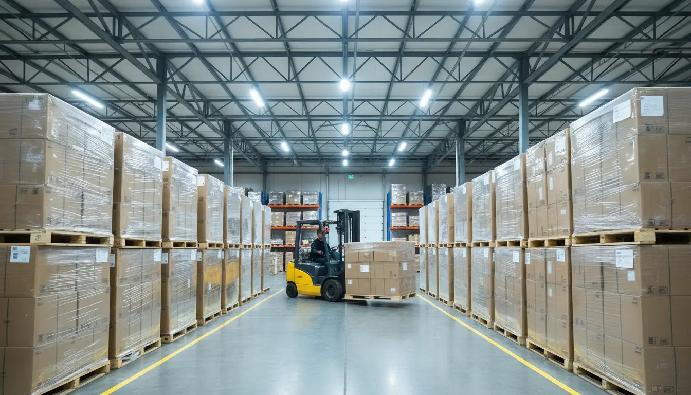 Warehouse interior with forklift moving palletized cargo stacked high on shelves