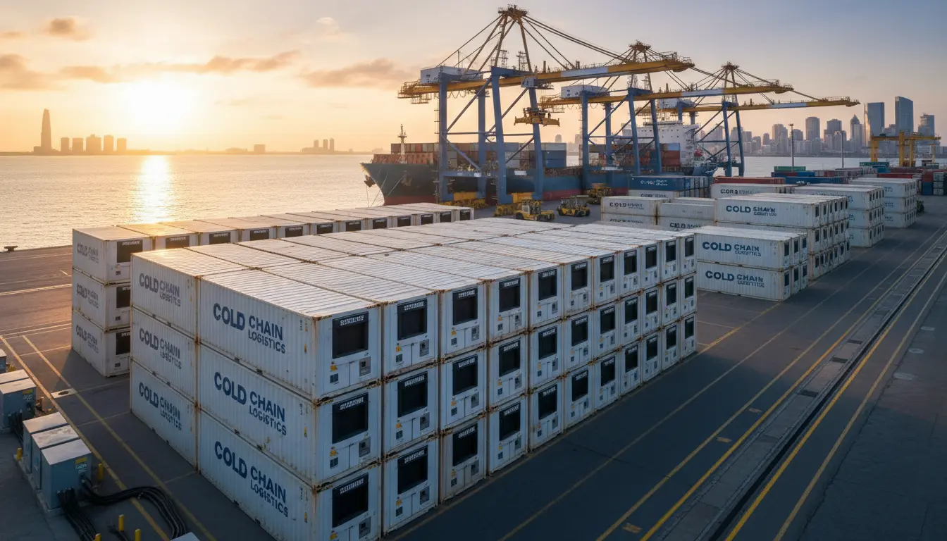 White reefer containers stacked at a shipping port terminal with monitoring equipment visible