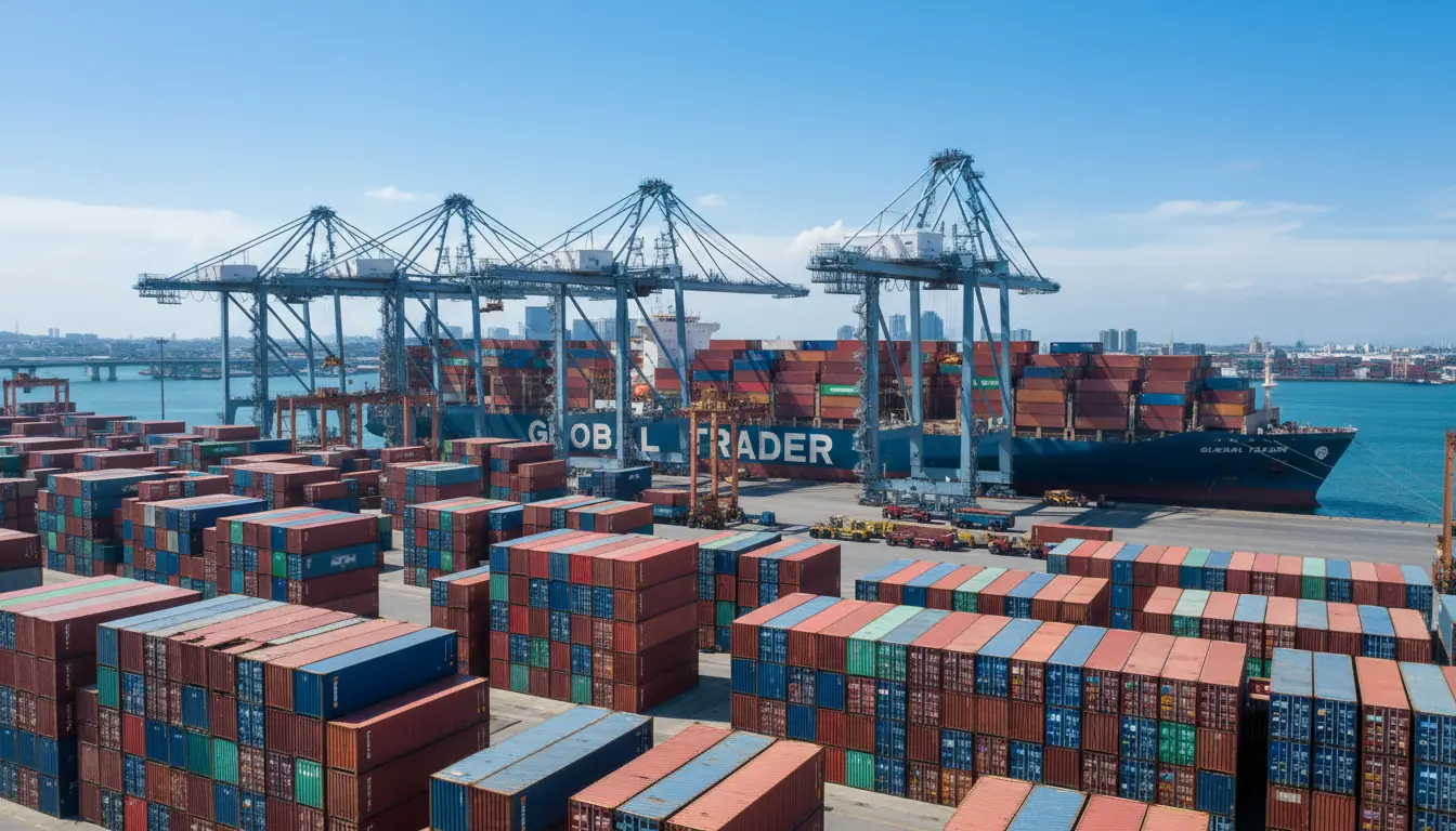 Stacked blue shipping containers on a cargo ship at port in bright daylight