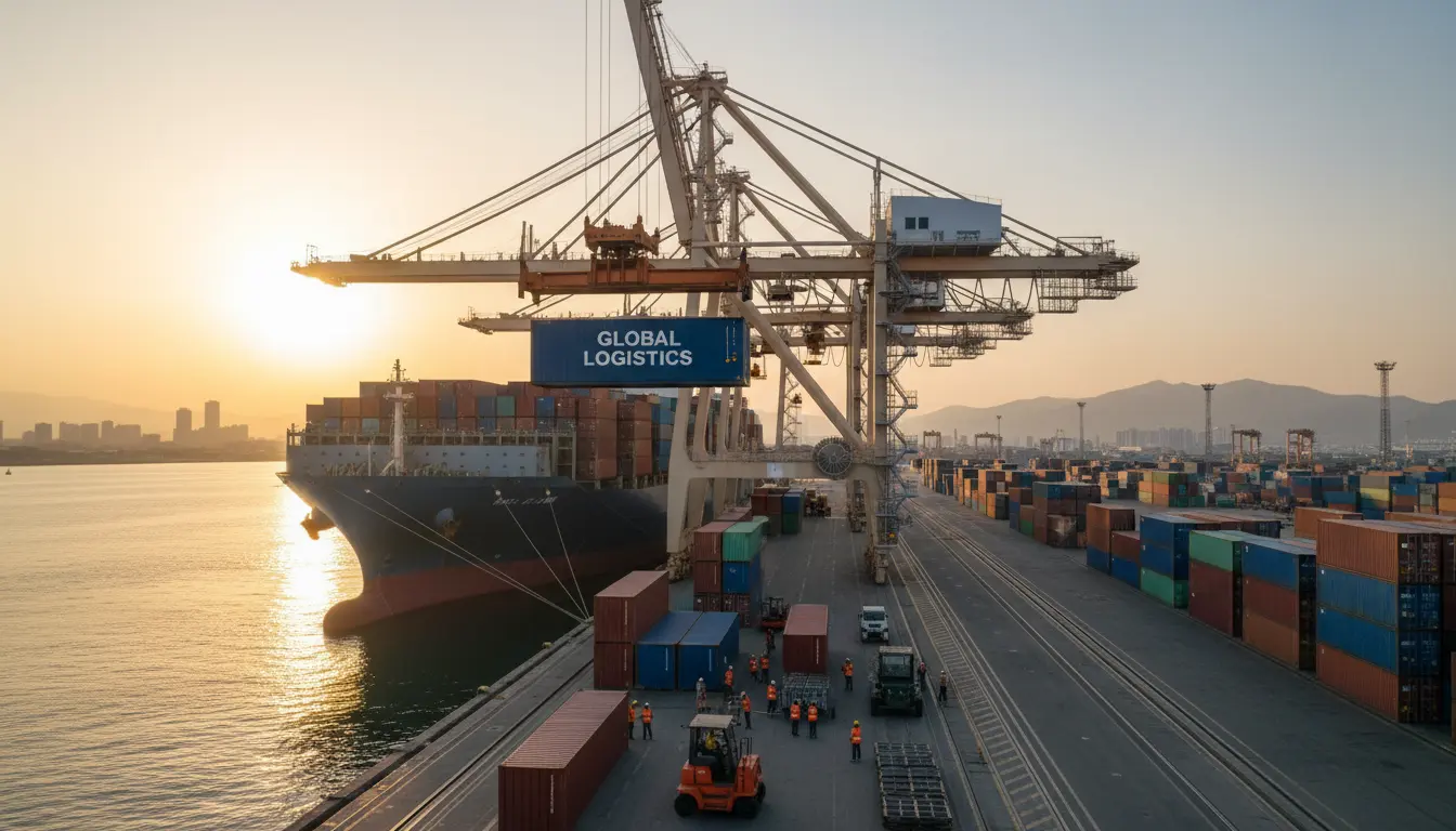 Container ship being loaded at a busy port with cranes and shipping containers
