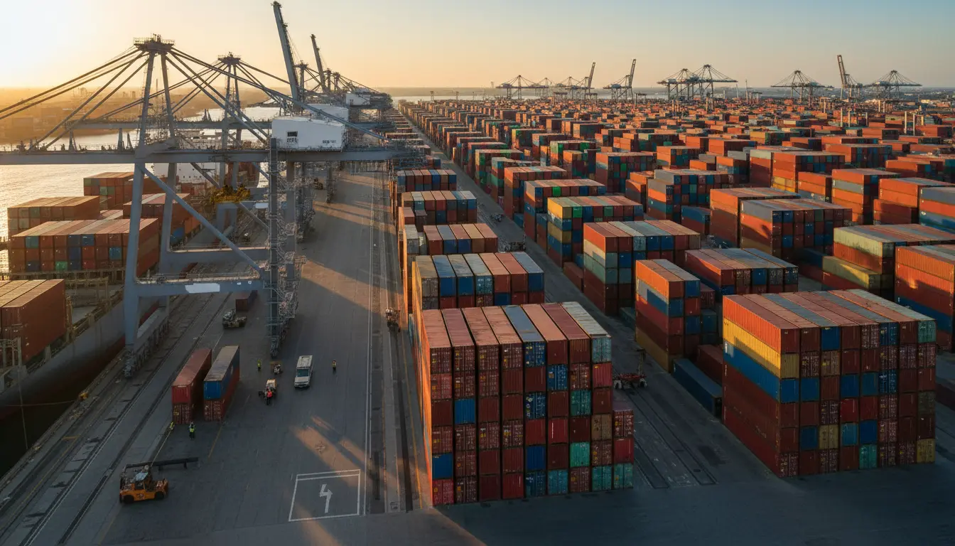 Container ship at a busy port