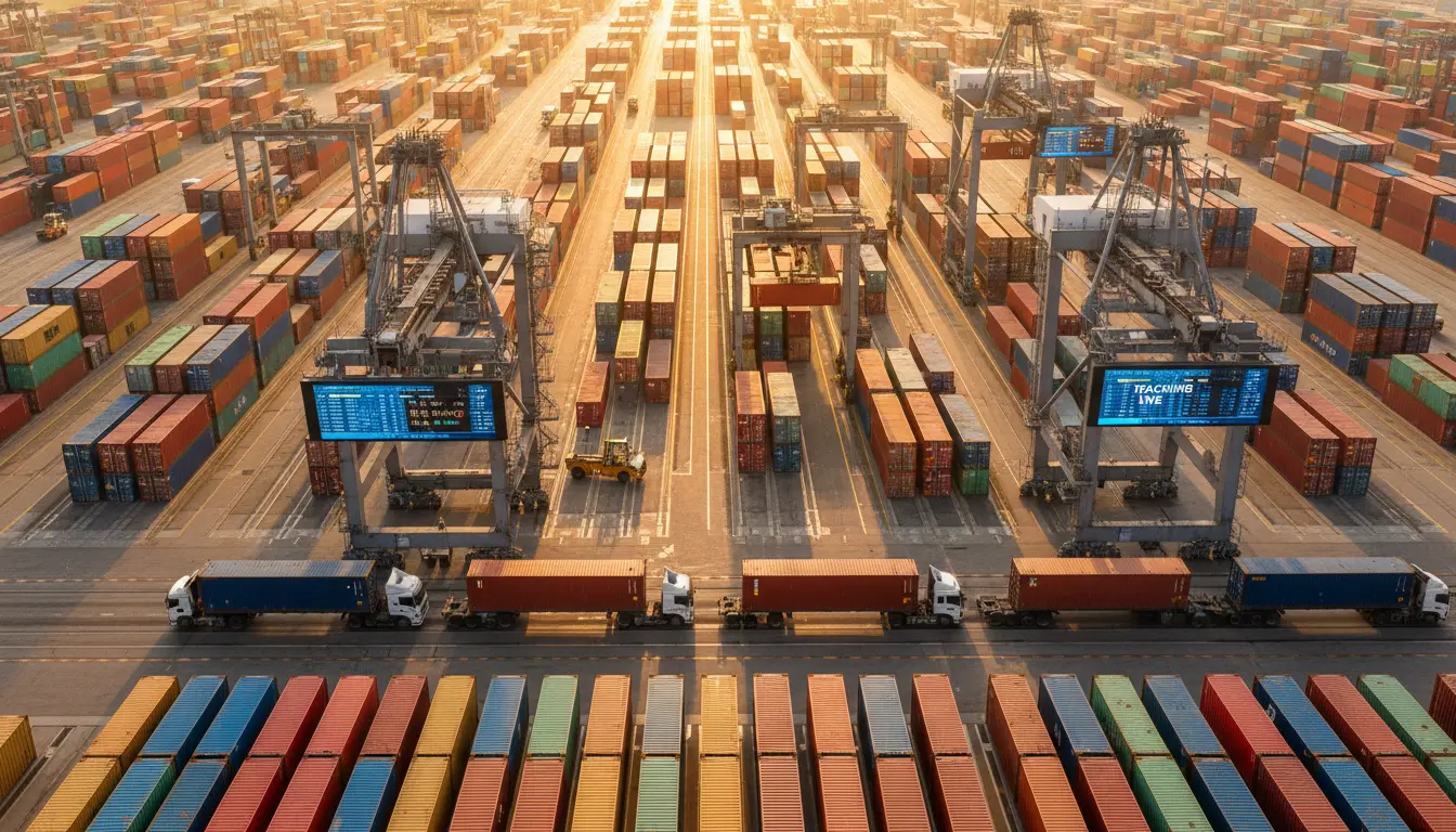 Container ship at port with stacked shipping containers